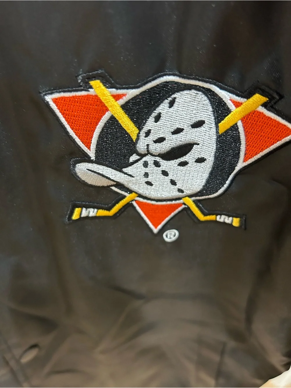 Men’s Black 30 Anniversary Anaheim Ducks Bomber Jacket with Orange. Sz Large